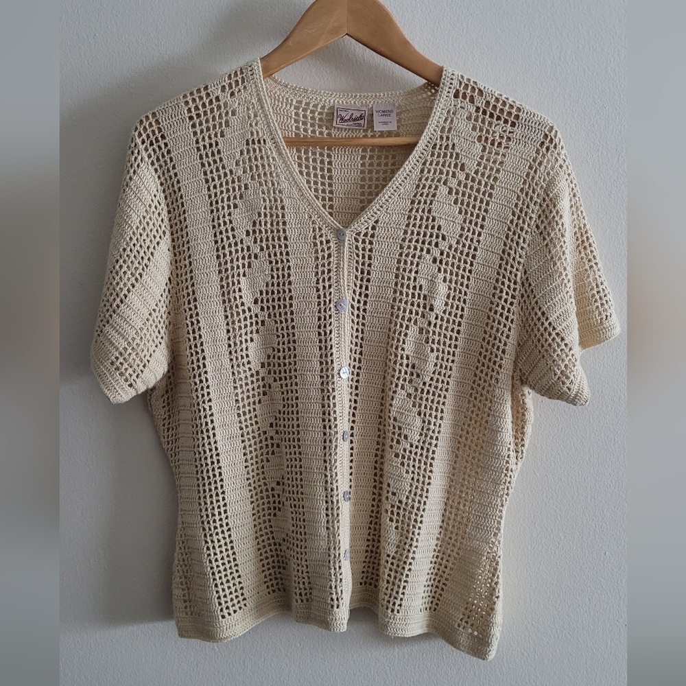 Woolrich Cream Crochet Short-Sleeve Button Front Top
